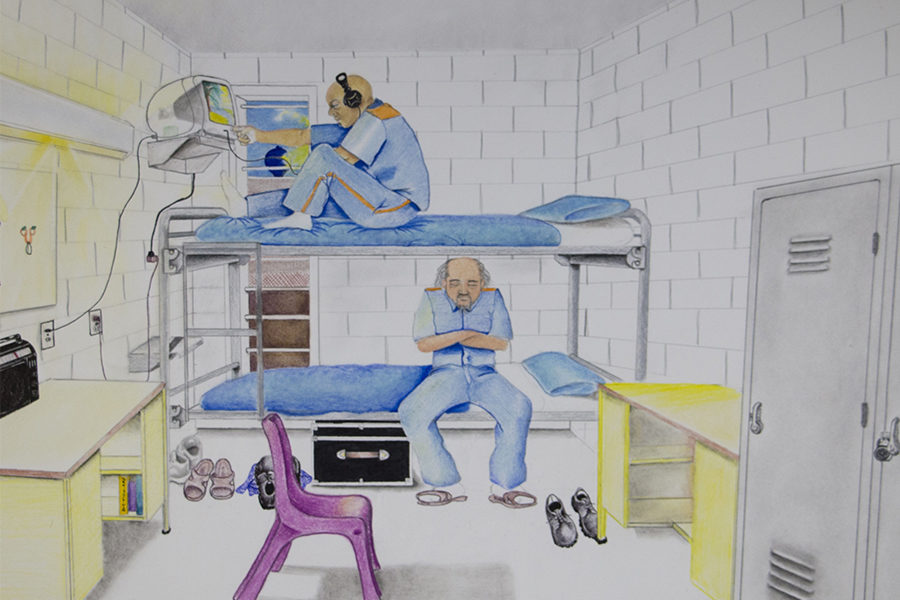 Colored pencil drawing: Prisoners sit on their bunk beds