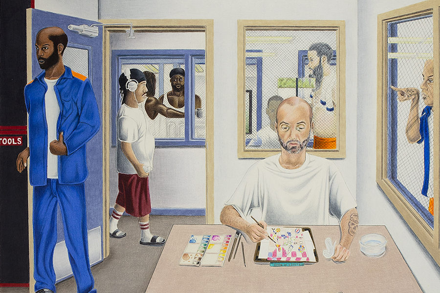 Color drawing: Prisoners in hobby or rec area, one watercoloring