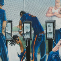 Pastel: Several prisoners on phones in yard; puddle reflects them