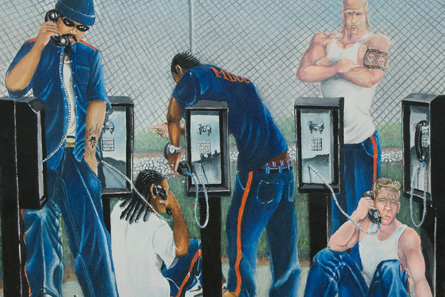 Pastel: Several prisoners on phones in yard; puddle reflects them