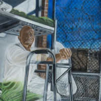 Pastel: Prisoner with walker sits on bunk bed