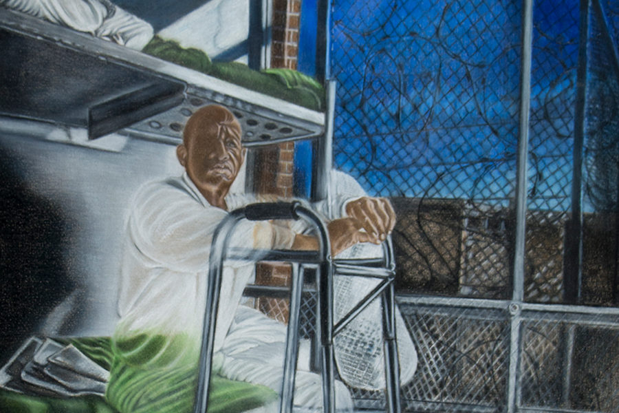 Pastel: Prisoner with walker sits on bunk bed