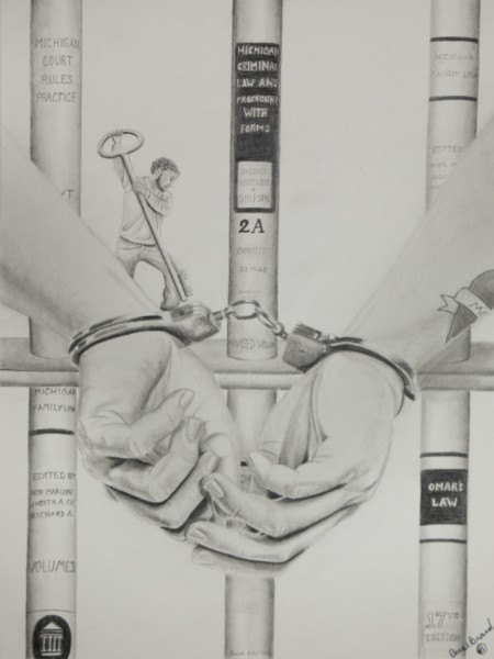 Black-and-white pencil drawing: Prison law library and handcuffs opening