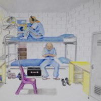 Color pencil drawing of two prisoners sitting on their bunk bed