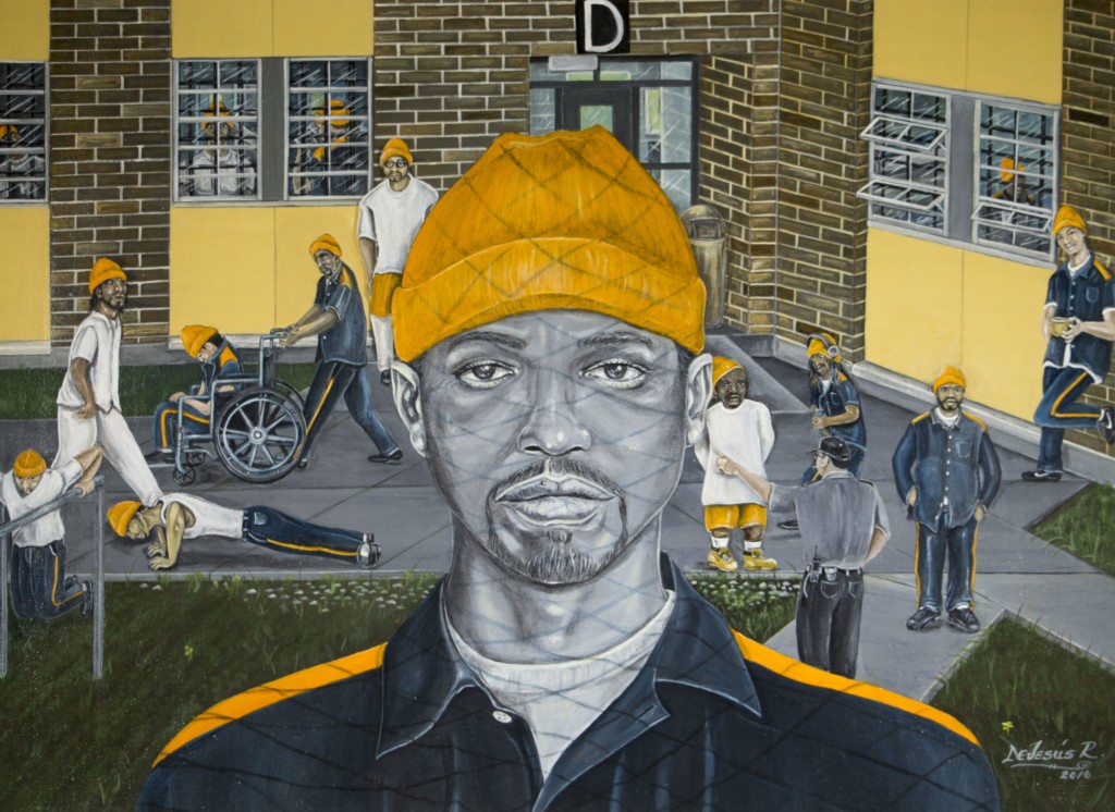 Color drawing of male prisoner in prison yard, with chain-link shadow across his face