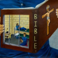 Pastel drawing: man holds a Bible, back cover shows image of prisoners reading Bibles in dorm