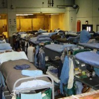 Gym dorm with rows of closely-spaced bunk beds