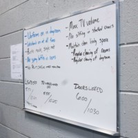 Medium-size whiteboard with rules written in blue and black marker