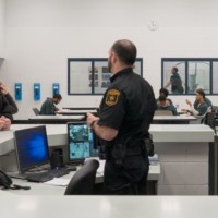 Two correctional officers observe detainees in dayroom