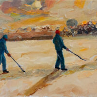 Painting of three men in prison clothing working in the yard while there is a yellow and orange sunset, casting long shadows in the snow.