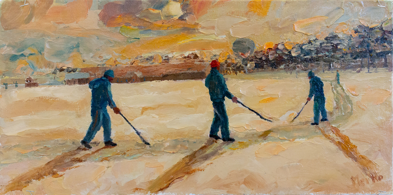 Painting of three men in prison clothing working in the yard while there is a yellow and orange sunset, casting long shadows in the snow.