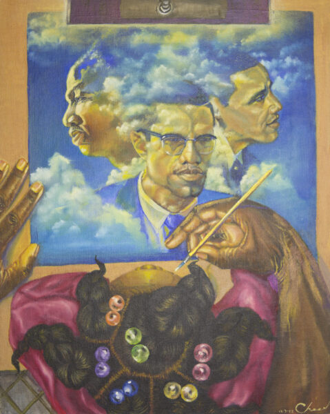 Painting of father's hands painting portraits of Martin Luther King Jr., Malcolm X, and Barack Obama while his daughter sits on his lap and looks at the painting.