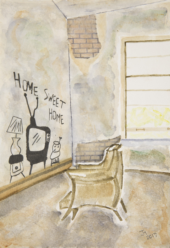 Painting of a decaying room with a yellow chair with a tv and the words "home sweet home" painted directly onto the wall.