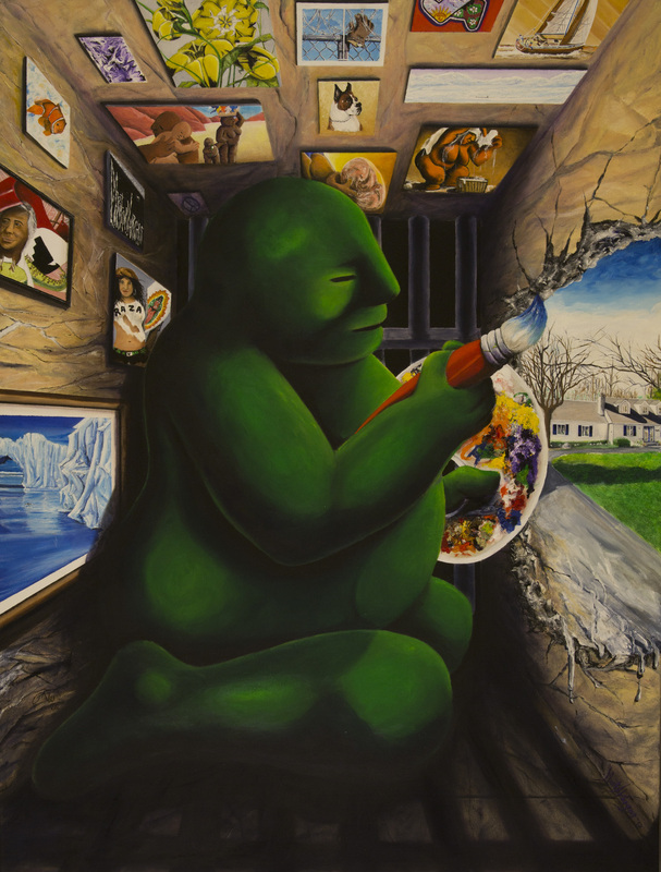 Painting of a fantastical green blob being painting on the wall within a cell.