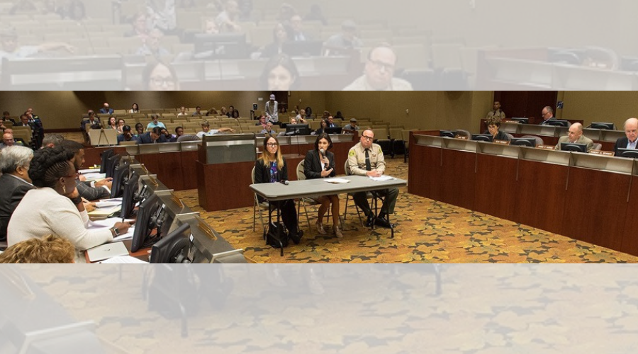 Photo of the Los Angeles County Civilian Oversight Commission meeting in 2018 with people sitting in a rectangle in professional attire.