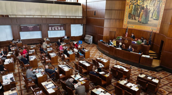 Aerial photo of the Oregon Supreme Court with people at work during session in professional attire.