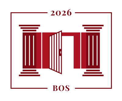 Graphic depiction of two columns on either side of a barred door in varying shades of maroon and red.
